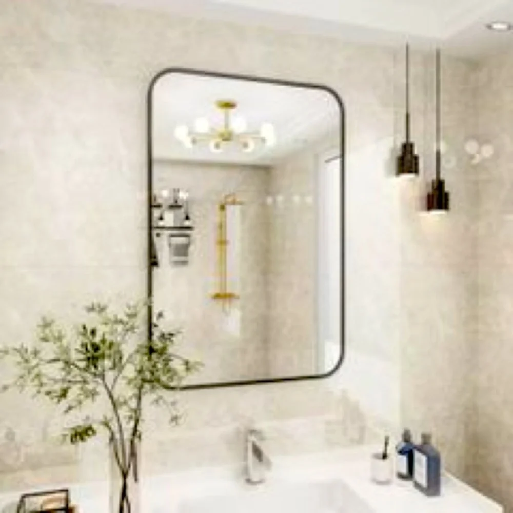 Aluminum Alloy Framed Rounded Black Wall Mirror 26 in. W x 38 in. H Rectangular
